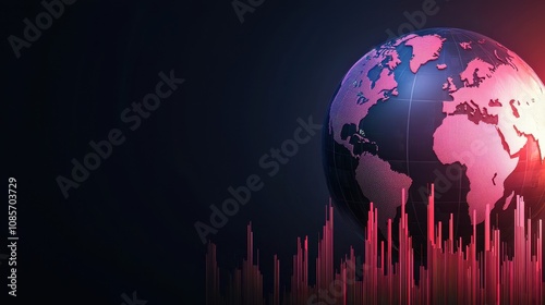 Abstract Digital World Map and Stock Market Graph Design with Pink and Black Color Scheme for Financial Technology and Data Analysis Concepts
