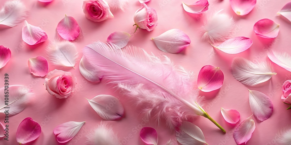 Obraz premium Delicate Pink Feather and Rose Petals on a Pink Background, floral, feather, soft, pastel