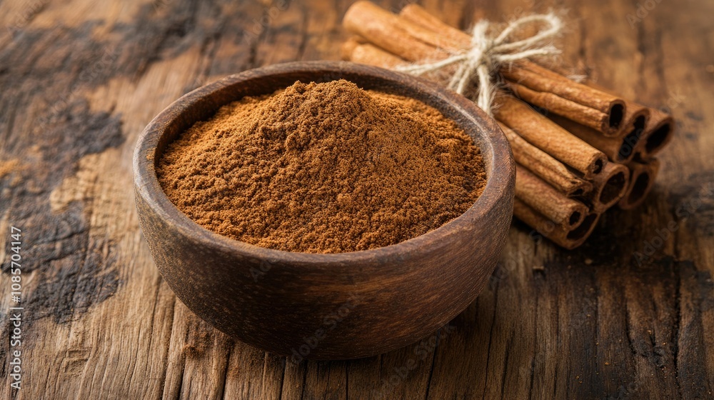 Ground cinnamon powder in a wooden bowl surrounded by cinnamon sticks on a rustic wooden table, ideal for culinary and spice-themed projects and presentations Ground cinnamon powder in a wooden bowl surrounded by cinnamon sticks on a rustic wooden table, ideal for culinary and spice-themed projects and presentations