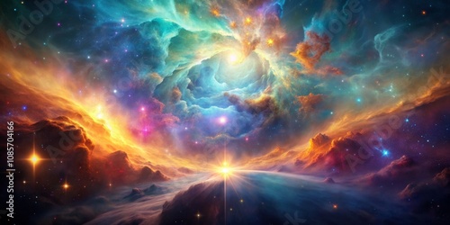 Cosmic Sunrise A Vivid Nebula with Star Clusters, Digital Art, Space, Nebula, Stars