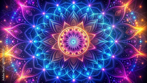 Cosmic Mandala Neon Glow, Intricate Design, Vibrant Colors, Mandala, Neon, Glow, Abstract