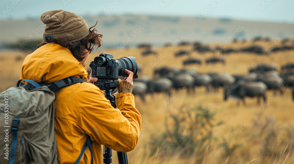 Wildlife photographer setting up camera on tripod, capturing nature in the forest. Man photographing wildlife in natural habitat, exploring nature. Wildlife photographer setting up camera on tripod, capturing nature in the forest. Man photographing wildlife in natural habitat, exploring nature.