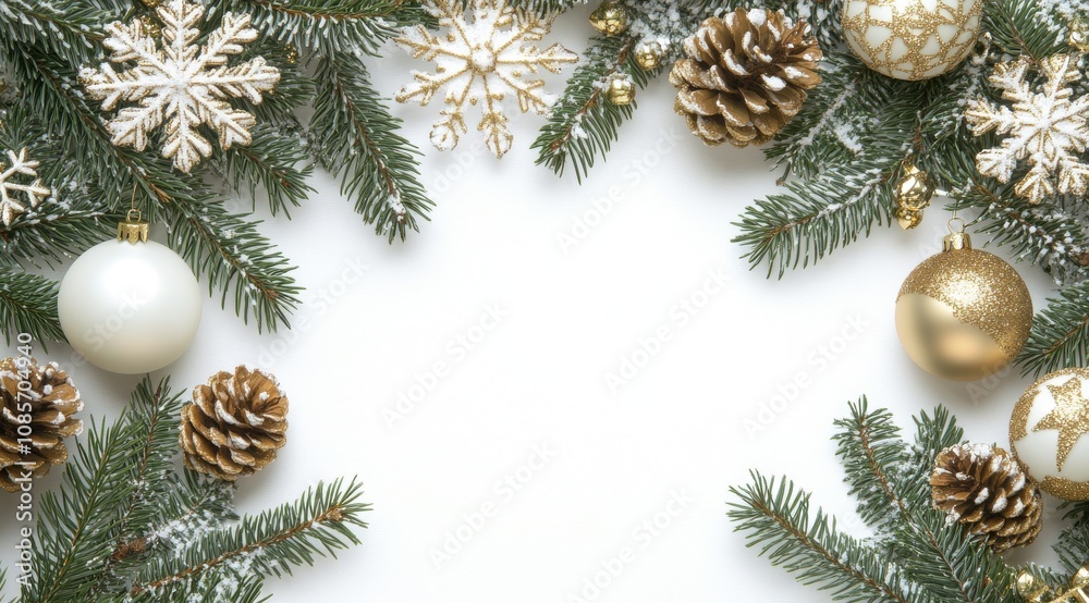 Elegant Gold and White Christmas Decorations with Pine Branches on a White Background