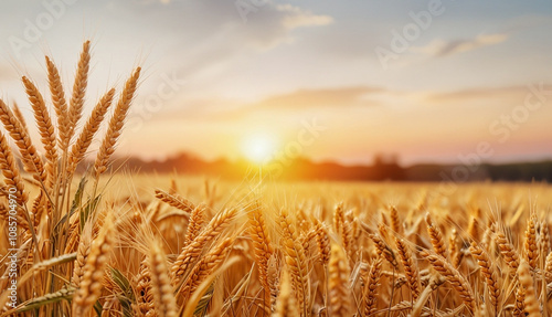 Close up golden wheat trees with sunset blur background. Generative AI