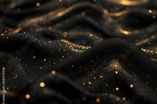 Textured black fabric with shimmering gold particles creating a dynamic display under soft lighting