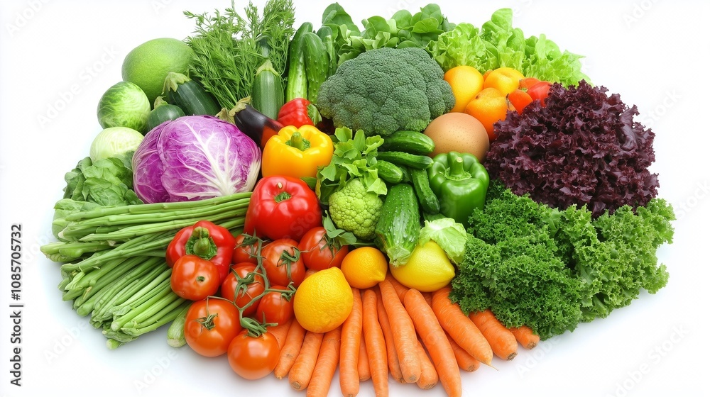 Close-up of vibrant fresh vegetables and fruits arranged in a perfect circular pattern on a white background. This composition represents a healthy metabolism concept, emphasizing organic nutrition Close-up of vibrant fresh vegetables and fruits arranged in a perfect circular pattern on a white background. This composition represents a healthy metabolism concept, emphasizing organic nutrition