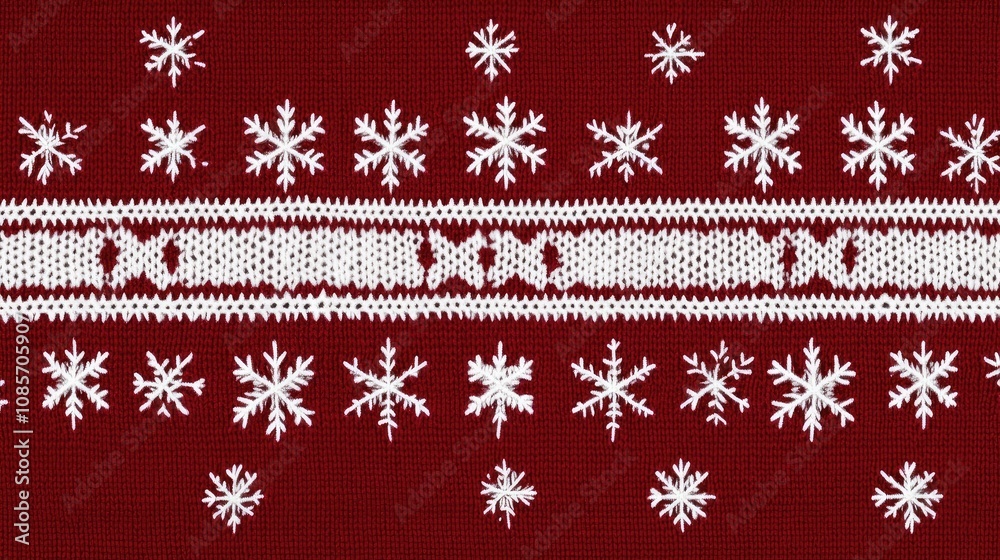 Obraz premium Festive Red Sweater Background Featuring White Snowflakes and Knitted Patterns Perfect for Holiday and Winter Celebrations, Textiles, and Seasonal Designs