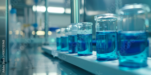 Glass containers with blue liquid in a research lab, Chemical experiments in a high-tech laboratory environment