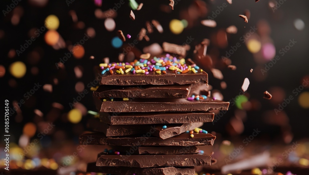 Stack of Chocolate Bars with Colorful Sprinkles Falling, Creating Explosion Effect, Cinematic Lighting Adds Depth and Drama Stack of Chocolate Bars with Colorful Sprinkles Falling, Creating Explosion Effect, Cinematic Lighting Adds Depth and Drama