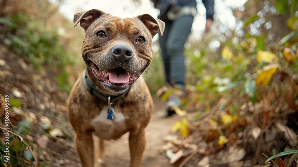 Dog with owner on nature trail, capturing the excitement of exploring new places on a pet-friendly vacation Dog with owner on nature trail, capturing the excitement of exploring new places on a pet-friendly vacation