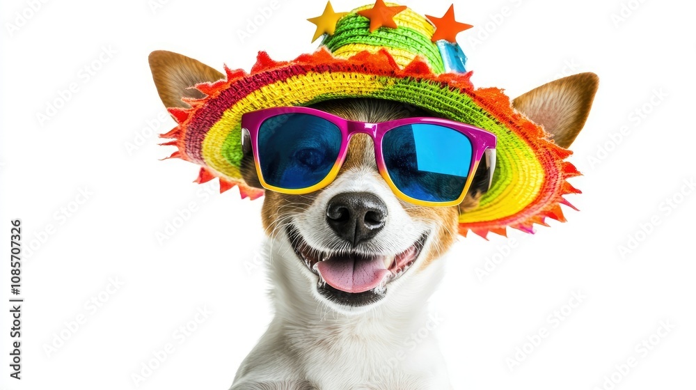 Happy Dog Wearing Colorful Summer Hat and Sunglasses Enjoys Fun Outdoor Vibes with Playful Expressions and Vibrant Accessories for an Exuberant Lifestyle Happy Dog Wearing Colorful Summer Hat and Sunglasses Enjoys Fun Outdoor Vibes with Playful Expressions and Vibrant Accessories for an Exuberant Lifestyle
