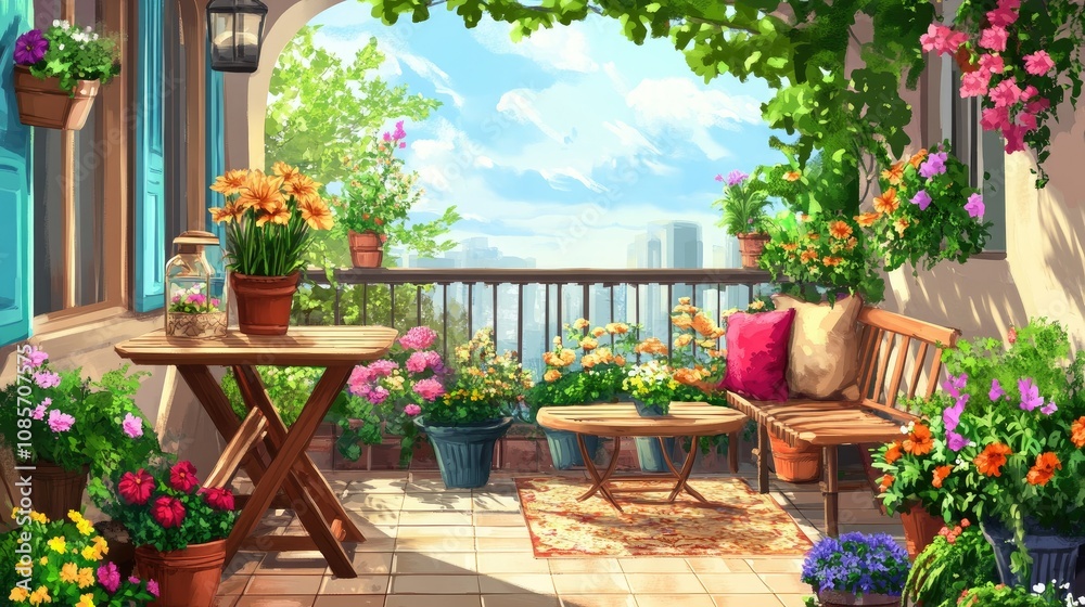 Obraz premium Serene Flower-Filled Balcony with Stunning Views, Vibrant Plants, and Cozy Seating Perfect for Relaxation and Enjoyment in a Tranquil Outdoor Space