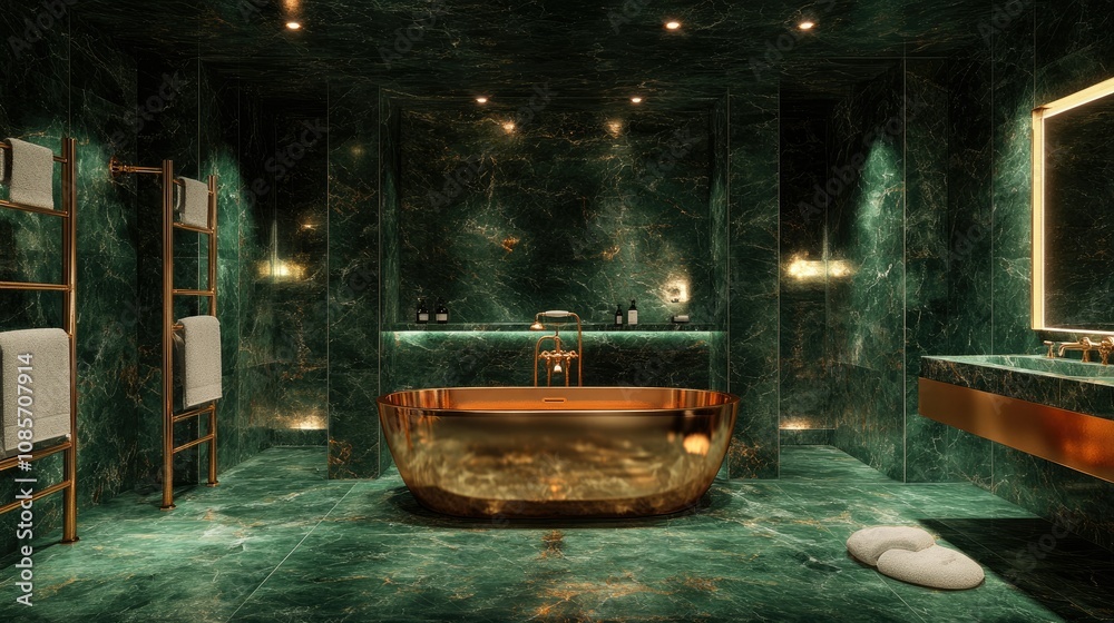 Obraz premium Luxurious Green Marble Bathroom with Businesslike Design Featuring a Stunning Copper Bathtub, Elegant Lighting, and Modern Fixtures for Ultimate Relaxation and Style