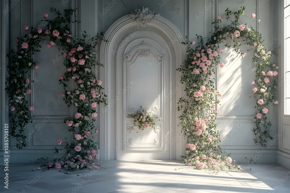 Background with flowers in a wall wedding generative AI Background with flowers in a wall wedding generative AI