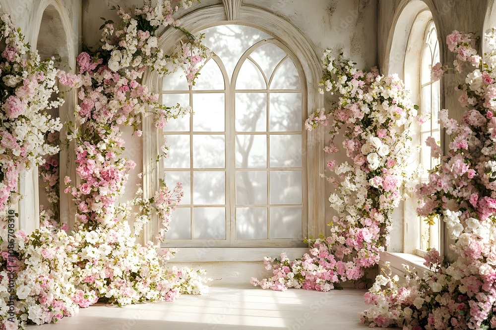 Background with flowers in a wall wedding generative AI Background with flowers in a wall wedding generative AI