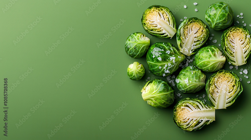 Fresh Brussels sprouts arranged on green background, showcasing their vibrant color and texture, garnished with salt for added flavor Fresh Brussels sprouts arranged on green background, showcasing their vibrant color and texture, garnished with salt for added flavor