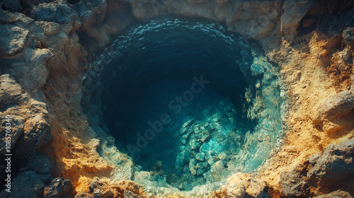 deep hole in the ground, symbolizing chaos, destruction, and the unknown, with dark, shadowy depths representing uncertainty, loss, and the emotional or psychological void photo