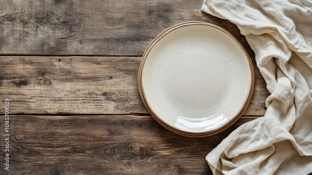 Rustic Wooden Table Setting with Empty Cream Plate and Soft Linen Cloth for Dining, Cooking, or Food Photography Background Rustic Wooden Table Setting with Empty Cream Plate and Soft Linen Cloth for Dining, Cooking, or Food Photography Background