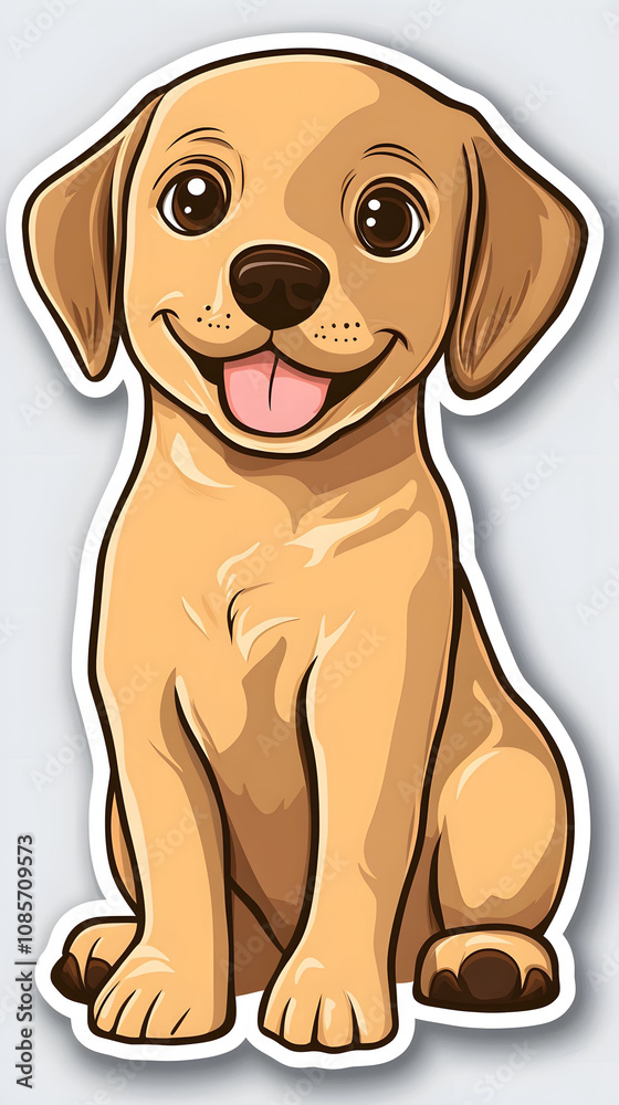 A cute cartoon illustration of a brown Labrador puppy sitting happily with a wagging tail, featuring adorable ears and fur, isolated on a white background, perfect for pet lovers