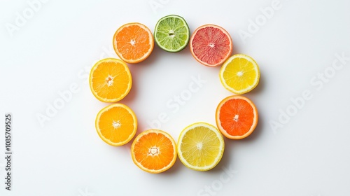 Close-up of vibrant fresh vegetables and fruits arranged in a perfect circular pattern on a white background. This composition represents a healthy metabolism concept, emphasizing organic nutrition