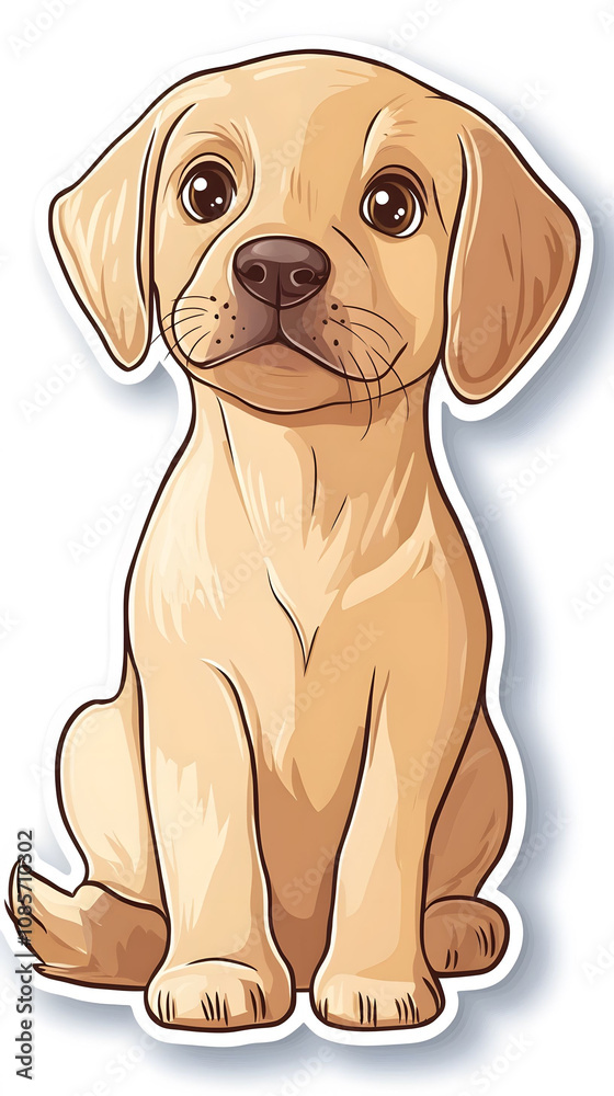Fototapeta premium A cute cartoon illustration of a brown Labrador puppy sitting happily with a wagging tail, featuring adorable ears and fur, isolated on a white background, perfect for pet lovers