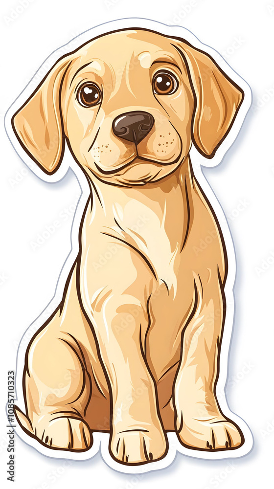 A cute cartoon illustration of a brown Labrador puppy sitting happily with a wagging tail, featuring adorable ears and fur, isolated on a white background, perfect for pet lovers