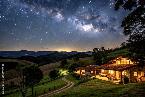 Enchanting Night Photography of Rustic Caas de Campo with Starry Skies, Capturing Tranquil Rural Landscapes and Warm Lights in a Serene Atmosphere for Nature Lovers photo