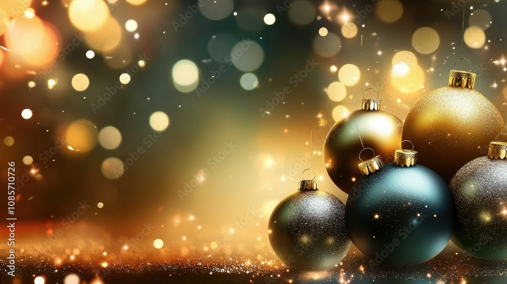 Beautifully arranged festive Christmas ornaments in gold, silver, and teal with a blurred sparkling background creating a magical holiday atmosphere. Beautifully arranged festive Christmas ornaments in gold, silver, and teal with a blurred sparkling background creating a magical holiday atmosphere.