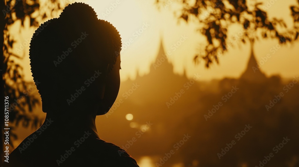 Sepia-toned silhouette of Buddha against a soft sunset with blurred temple in the background, honoring Waisak Day Sepia-toned silhouette of Buddha against a soft sunset with blurred temple in the background, honoring Waisak Day