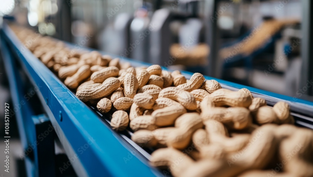 Close-up of Peanuts on Conveyor Belt in Factory, Food Industry Concept