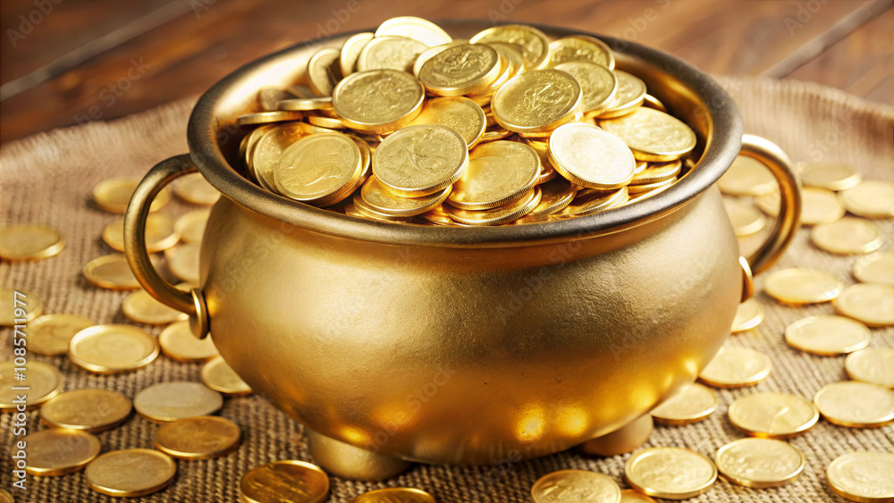 A pot filled with gleaming gold coins is placed on a wooden surface, surrounded by scattered coins, symbolizing wealth and fortune in a celebratory atmosphere A pot filled with gleaming gold coins is placed on a wooden surface, surrounded by scattered coins, symbolizing wealth and fortune in a celebratory atmosphere