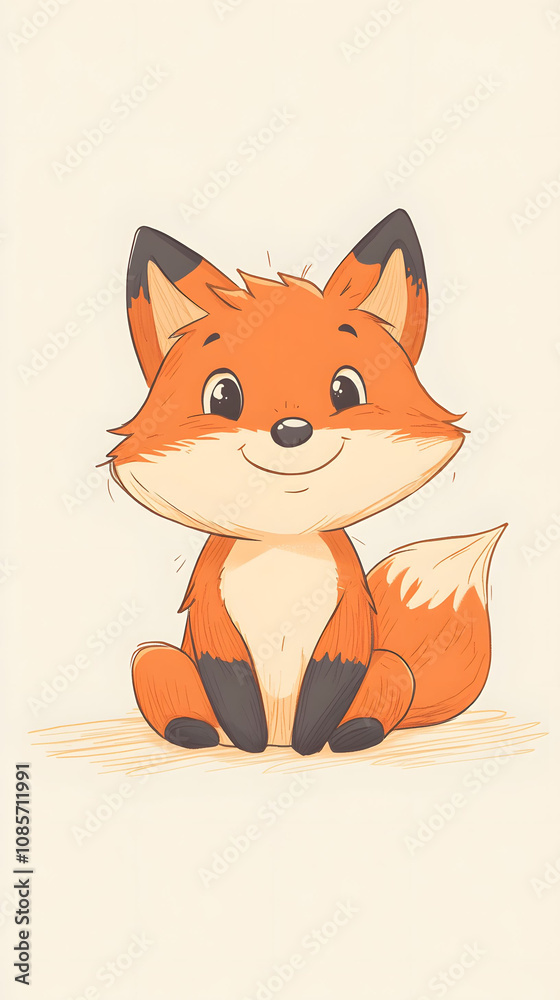 Obraz premium Cartoon Red Fox in the Forest Illustration with Cute Tail and Orange Fur