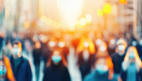 blurred image of people wearing masks in crowded urban area, conveying sense of community and resilience during challenging times. Public Health Campaigns concept.