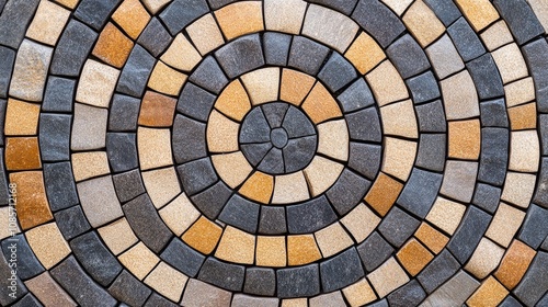 Detailed top-down view of a spiral mosaic made from various stones in earthy tones on a smooth surface