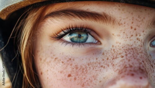 Close-Up of Equestrian Girl with Freckles, Gazing Off-Camera While Sitting on Horseback with Helmet Beside Head. photo