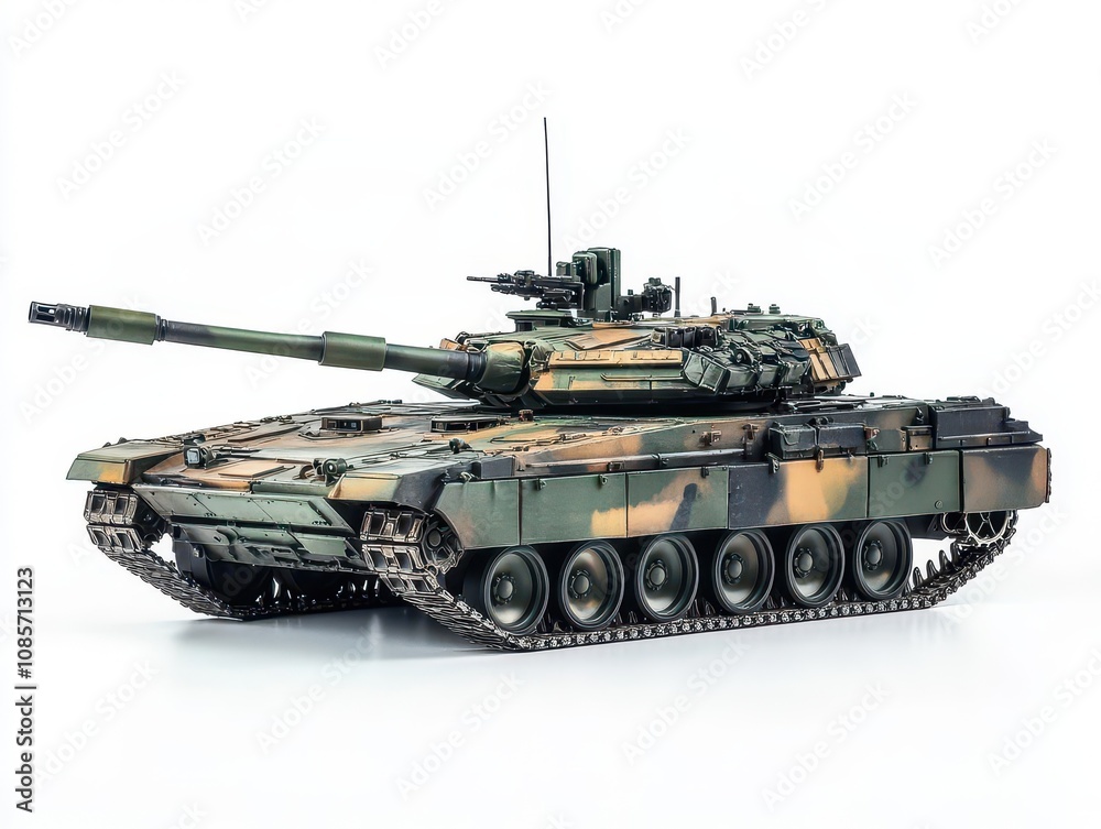 camouflaged battle tank positioned on a clean white background, showcasing military technology with a focus on intricate details and design elements camouflaged battle tank positioned on a clean white background, showcasing military technology with a focus on intricate details and design elements