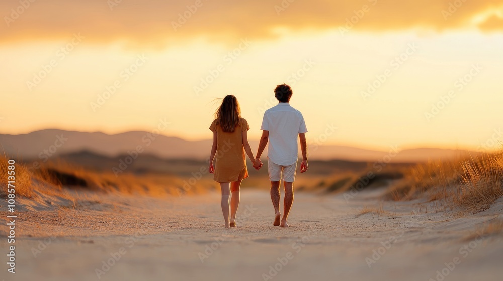 Romantic Couple Walking Hand in Hand on a Serene Beach at Sunset with Warm Colors and Gentle Sand Underfoot, Inspiring Love and Togetherness Romantic Couple Walking Hand in Hand on a Serene Beach at Sunset with Warm Colors and Gentle Sand Underfoot, Inspiring Love and Togetherness