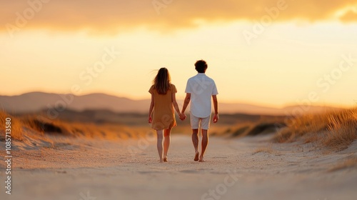 Romantic Couple Walking Hand in Hand on a Serene Beach at Sunset with Warm Colors and Gentle Sand Underfoot, Inspiring Love and Togetherness