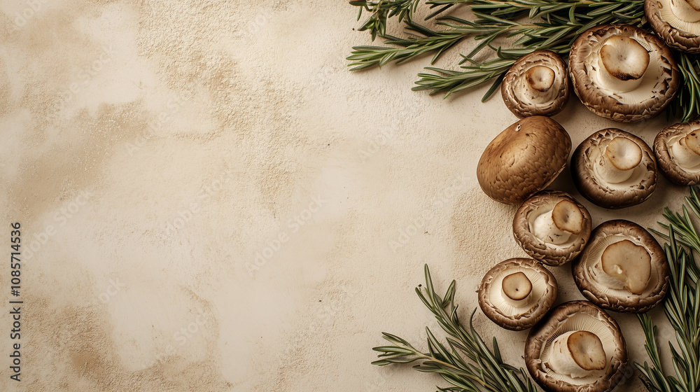 Rustic Food Background with Mushrooms and Rosemary Rustic Food Background with Mushrooms and Rosemary