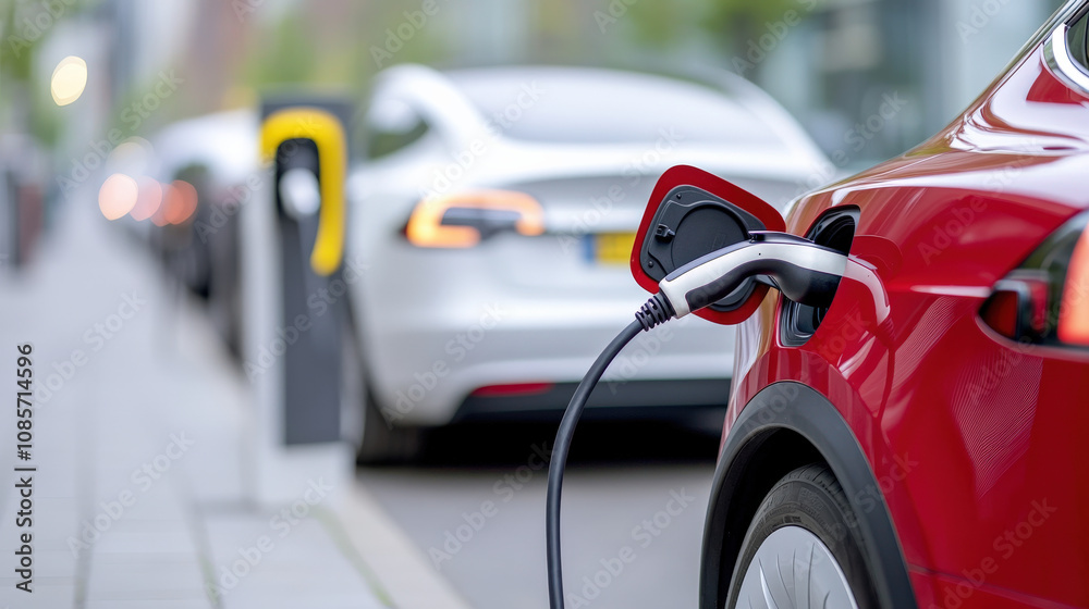 Naklejka premium Electric vehicle charging at station, showcasing red car plugged in. background features additional vehicles, emphasizing modern transportation