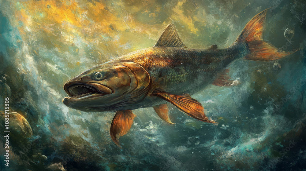 Fototapeta premium Majestic Salmon in Zero Gravity, Surreal Aquatic Painting, Vibrant Colors, Dynamic Pose