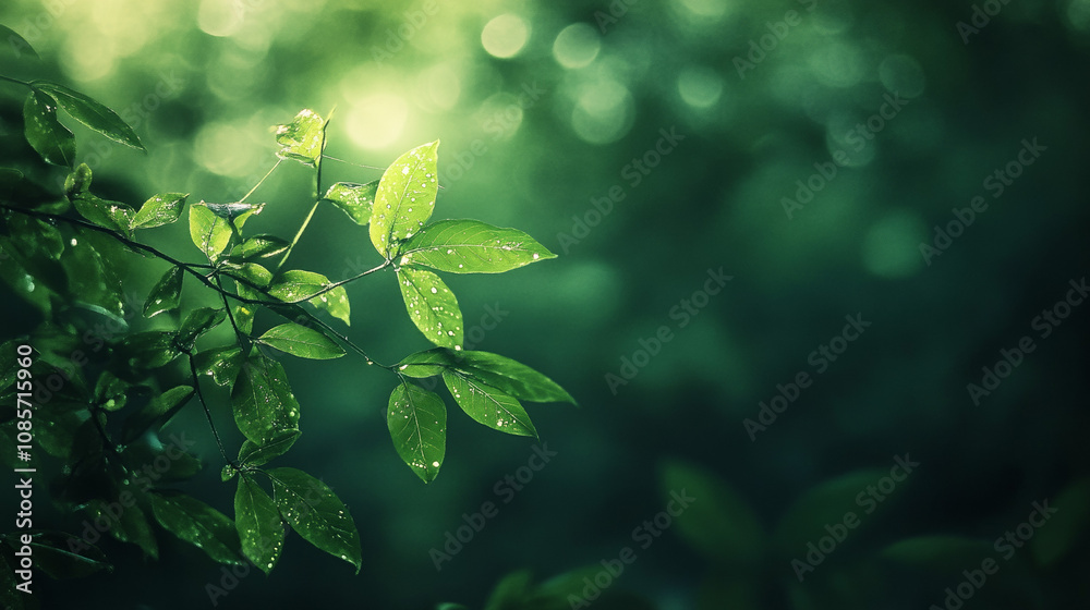 Serene Garden Leaves, Dew Drops, Green Nature, Background, Telephoto Serene Garden Leaves, Dew Drops, Green Nature, Background, Telephoto