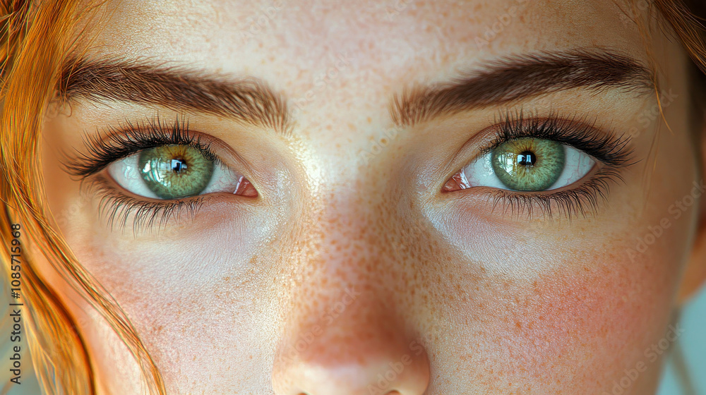 Fototapeta premium Close-up of bright green eyes with freckles, showcasing natural beauty and captivating details