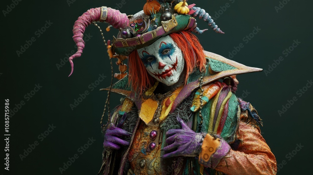 A creepy clown with red hair, a colorful costume, and a sinister smile stares at the camera against a dark green background. A creepy clown with red hair, a colorful costume, and a sinister smile stares at the camera against a dark green background.