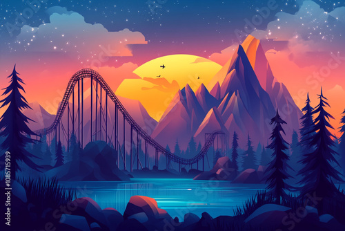 Rollercoaster at Sunset Over Mountain Lake and Forest photo