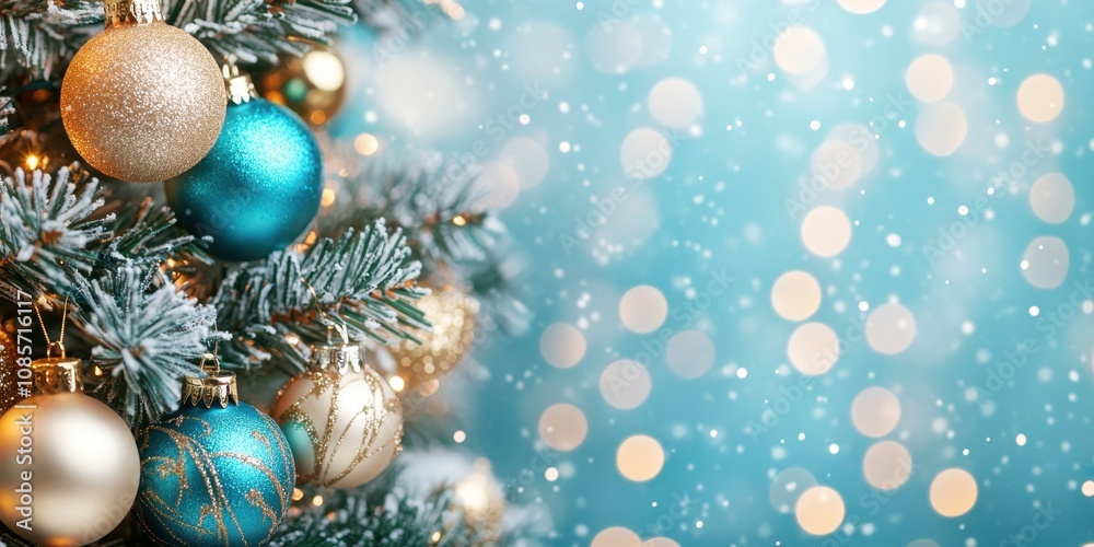 Christmas tree with teal and gold decorations snowy m Christmas tree with teal and gold decorations snowy m