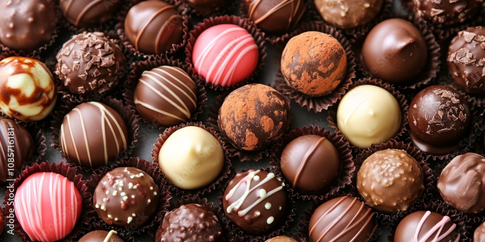 Variety of delicious chocolate pralines is creating a festive atmosphere Variety of delicious chocolate pralines is creating a festive atmosphere