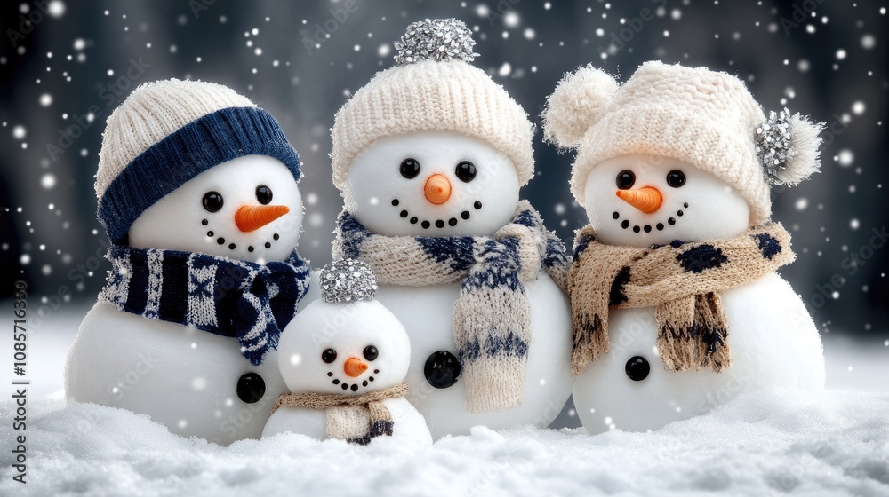 A delightful family of three snowmen, dressed in shiny white and silver, is playfully arranged against a pristine snowy backdrop, embodying the joy of winter A delightful family of three snowmen, dressed in shiny white and silver, is playfully arranged against a pristine snowy backdrop, embodying the joy of winter