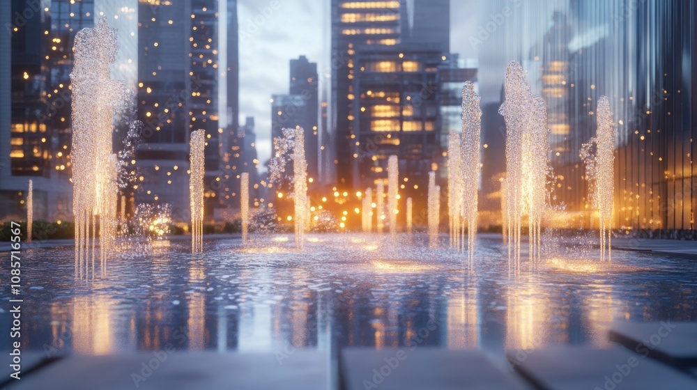 A fountain in the middle of a city at dusk, with the city lights reflecting in the water. A fountain in the middle of a city at dusk, with the city lights reflecting in the water.