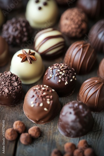 Wallpaper Mural Variety of decorated chocolate pralines displayed on a wooden table, creating a tempting and indulgent scene Torontodigital.ca